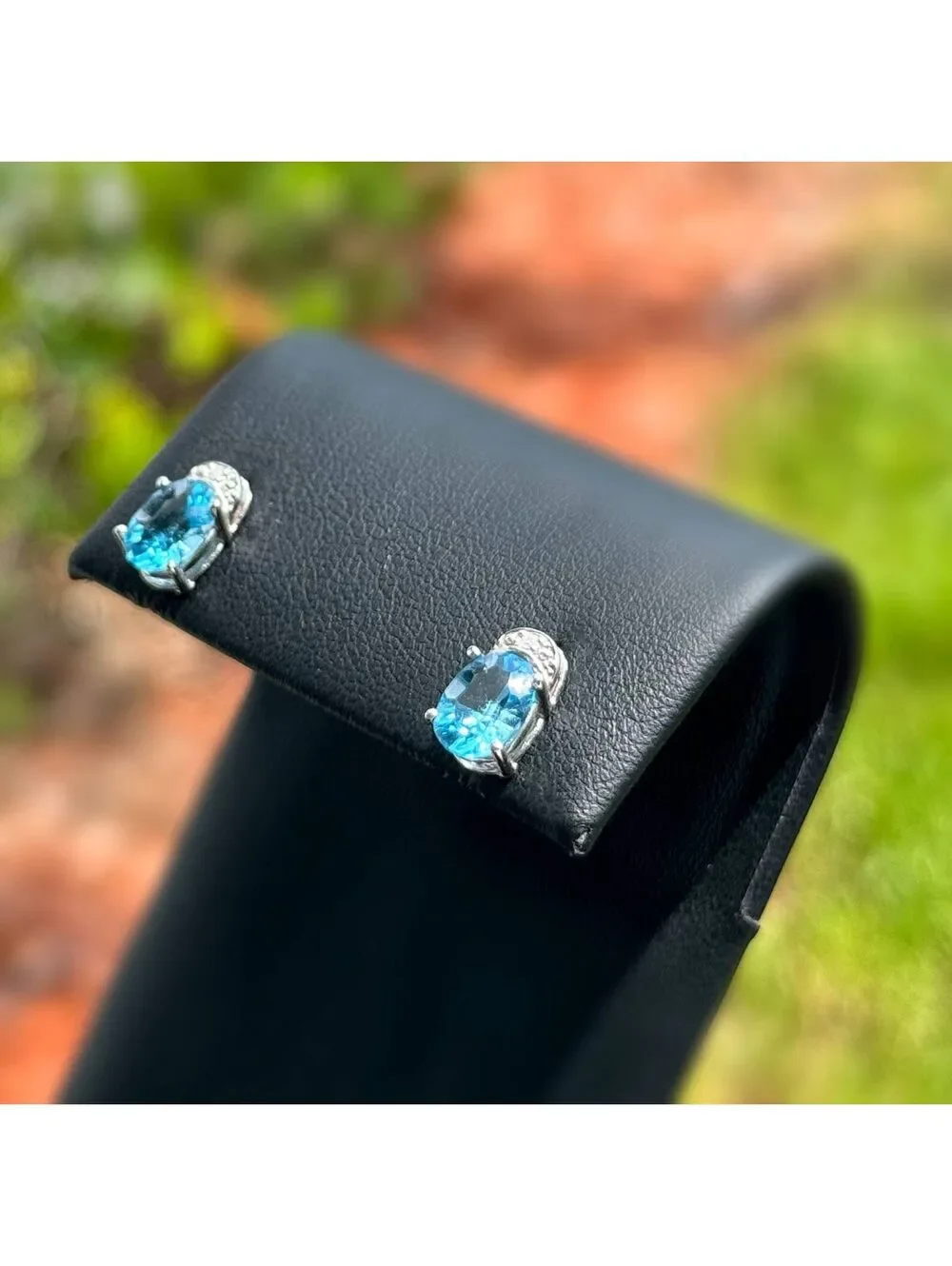 14k solid white gold aquamarine stone natural diamond 1.51CTW stud earrings